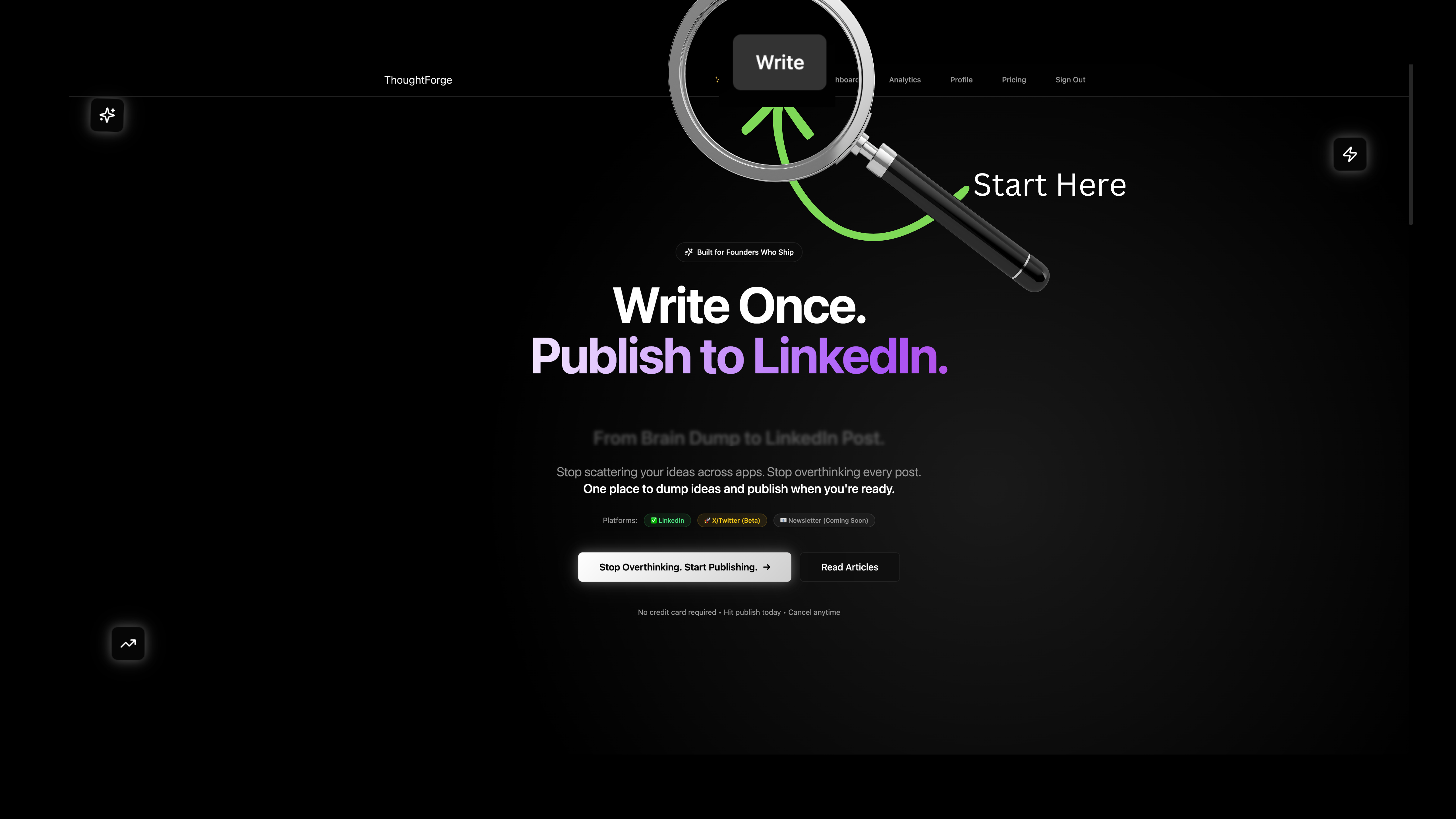 The simple writing interface of ThoughtForge, an AI content creation tool where users can brain-dump ideas.