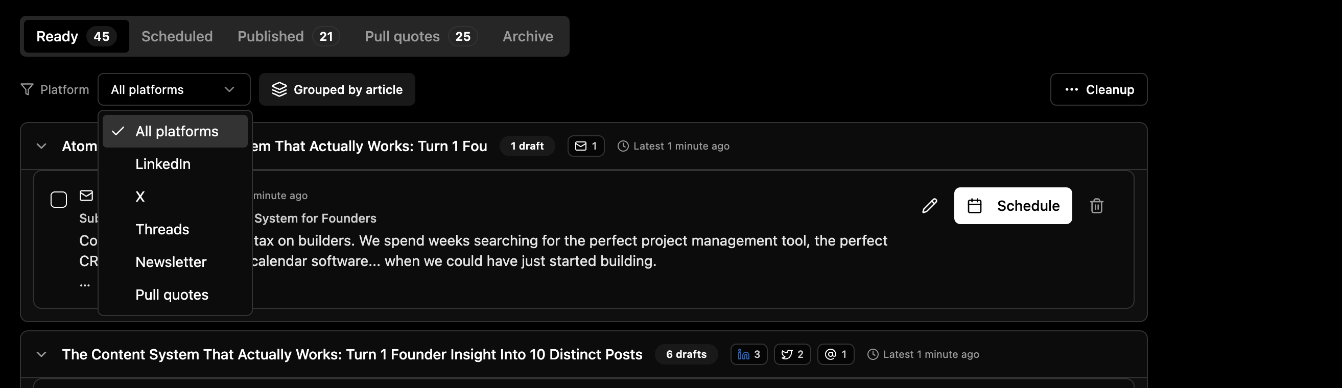Distribute Social Posts to Linkedin, X, Threads, Newsletter and Pull Quotes