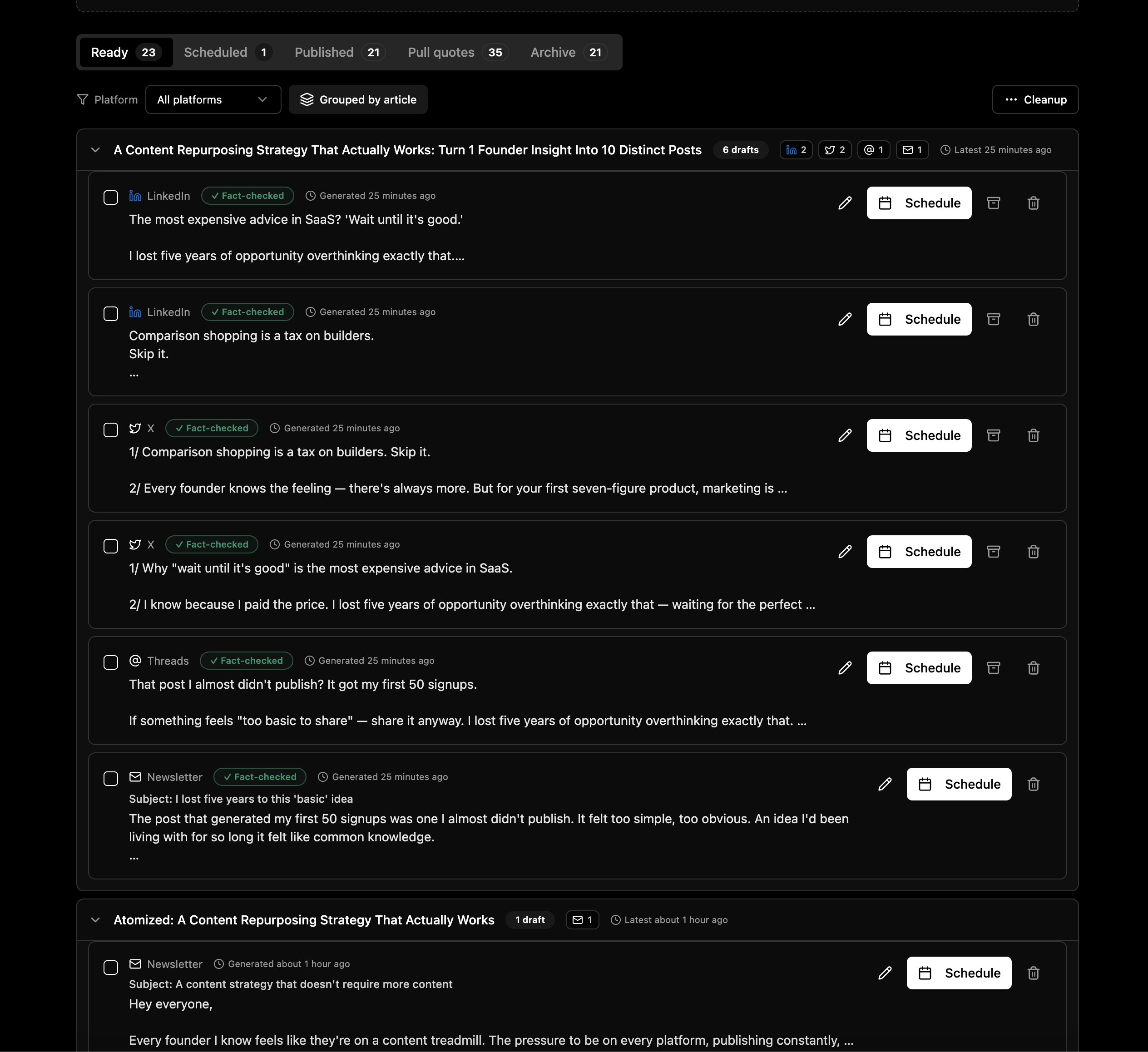 See per article number of post per social media that is ready to edit and ship/schedule on ThoughtForge's Atomise feature